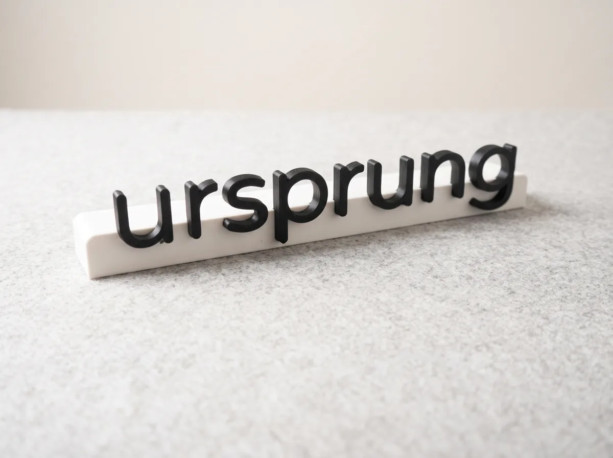 Schwarzer 3D-gedruckter Schriftzug „ursprung“ auf einem weißen Sockel als Schreibtisch-Deko